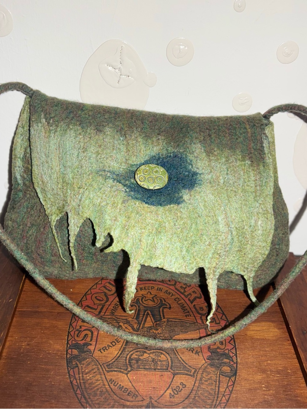 Artisan Handmade Wet-Felted Wool Crossbody Bag – with ornate button